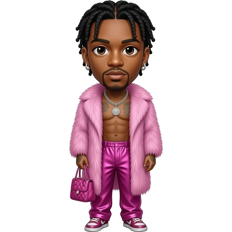 Lil Nas X with dark brown eyes, black hair, pink fur shawl, fuchsia metallic baggy pants, shirtless with necklace and earrings emoji