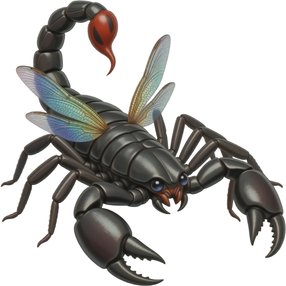 a black widow spider body with dragonfly wings, a scorpion tail and pinchers, and a praying mantis head, insectoid fusion, realistic, emoji