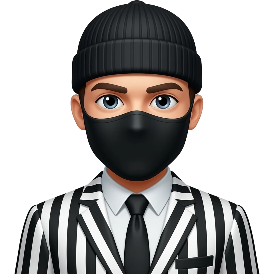 Robber emoji wearing a black and white striped suit with a black beanie With a black mask emoji