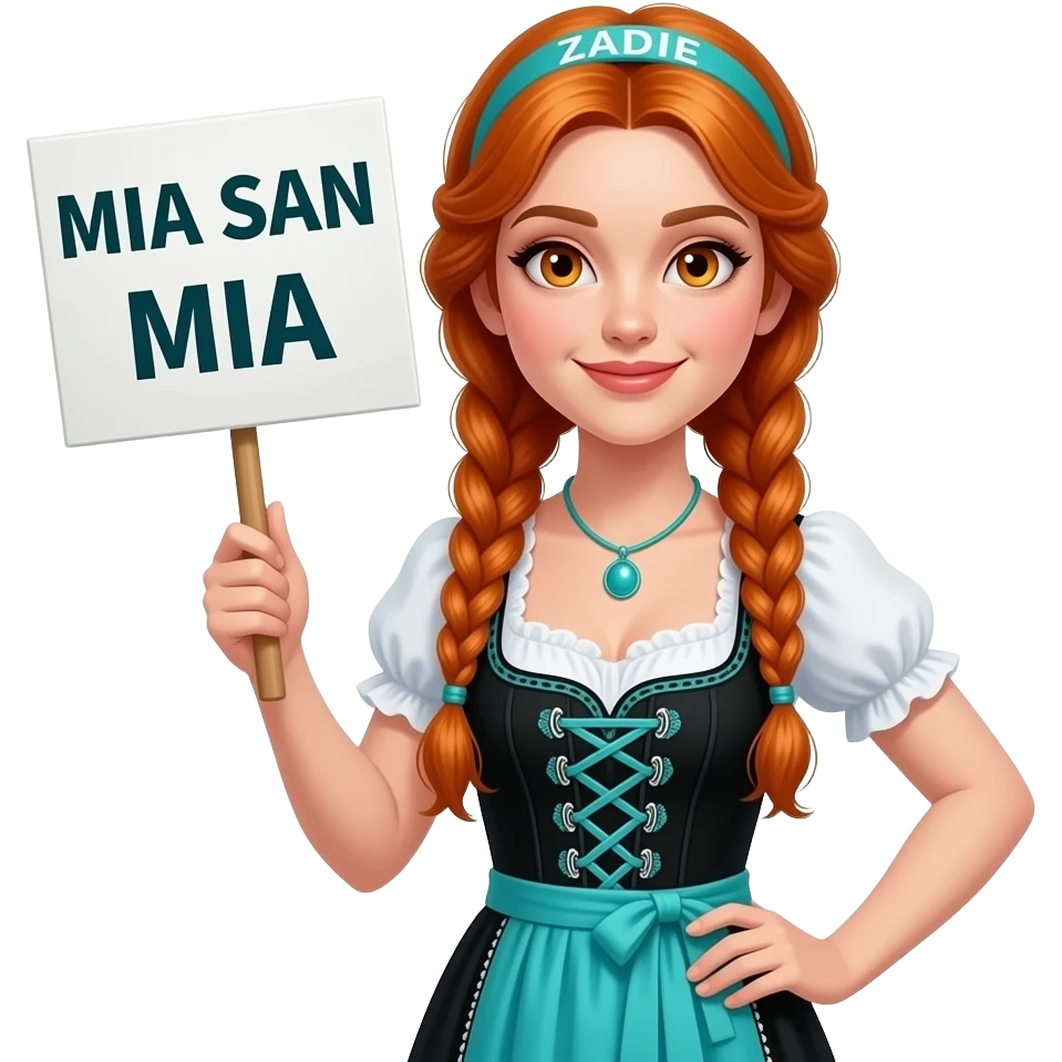 sexy girl with overlong ginger braids and ginger eyes wearing a black turquoise dirndl and a turquoise headband with ZADIE written on it, is holding a sign with MIA SAN MIA written on it emoji