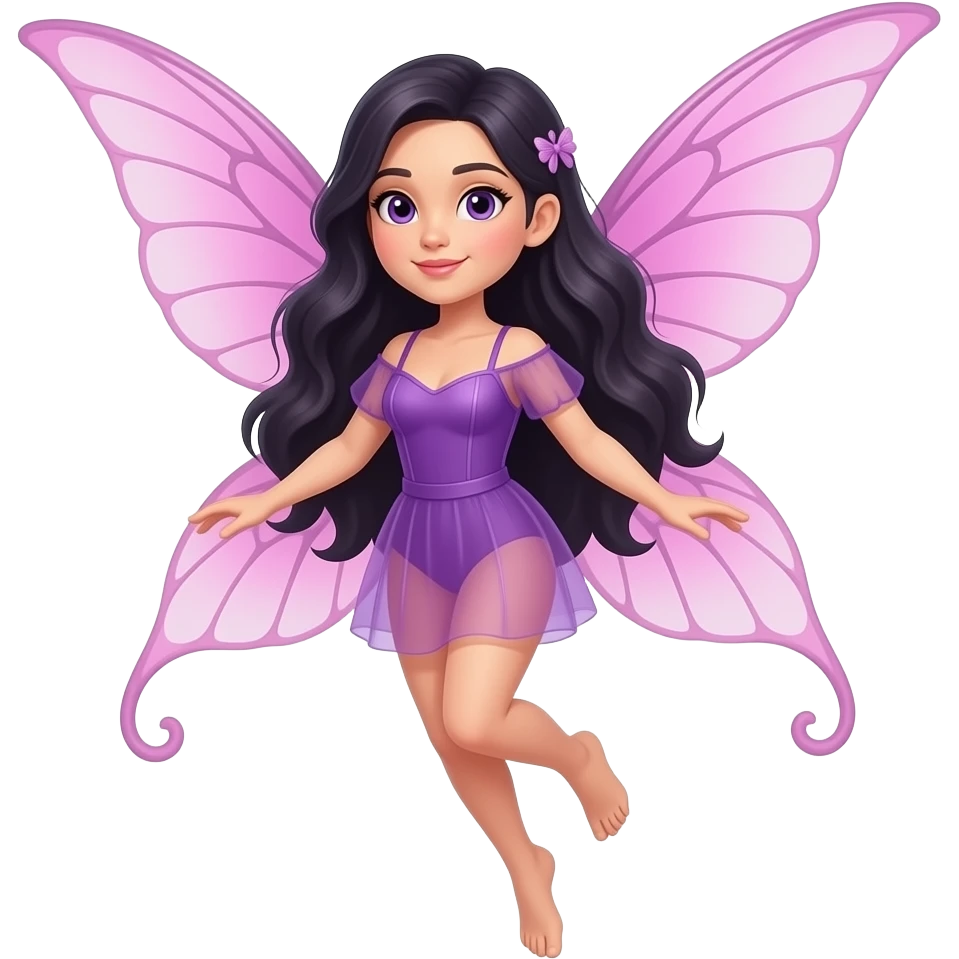 A beautiful faerie with pink wings, long dark hair, purple eyes, in a short see-through purple outfit. Highly detailed, realistic, (full body) hovering in the air emoji