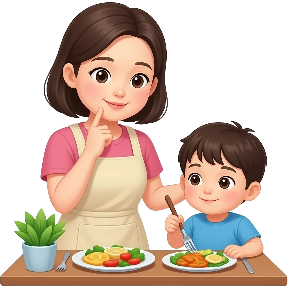 아이 밥 메뉴 고민하는 주부. 한국인. 아이없이 주부만,소품 없이, 앞치마 착용 emoji