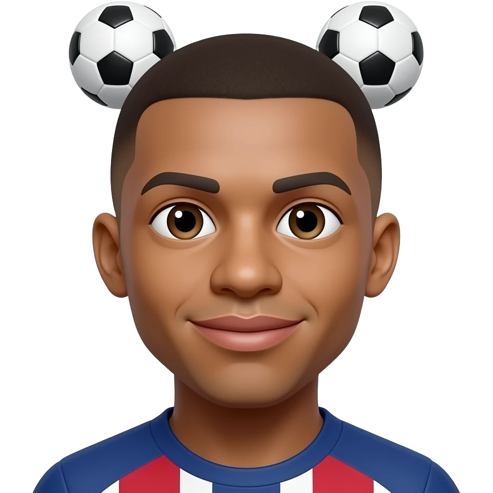 Mbappe-inspired 3D emoji, same face every time, 2 small footballs floating above head. emoji