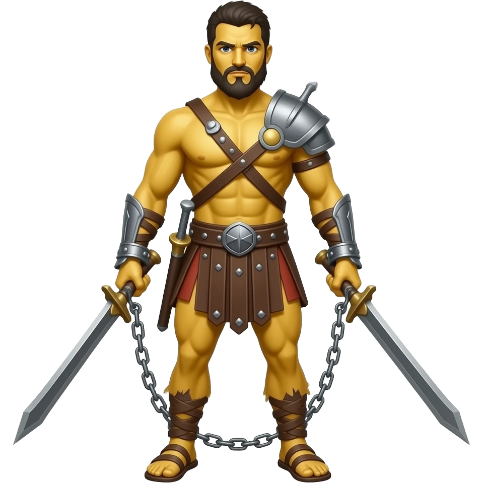 spartacus, minimal, full body, yellow skin, tipical emoji caracter style, more emojis style, more minimal, with weapons, more simplistic, emoji style, shackles on wrist with broken chains, beard emoji
