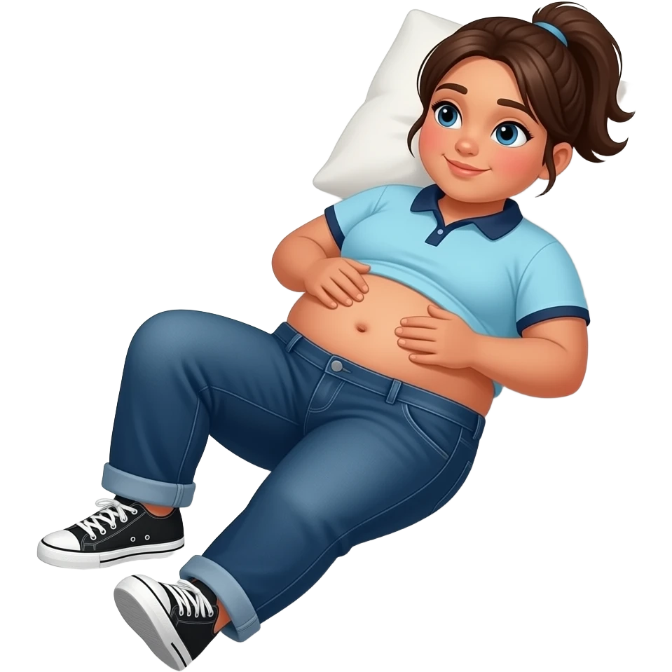 Obese Hispanic girl with brown ponytail and blue eyes light blue dark blue lined polo and dark blue baggy jeans and belly button and black and white sneakers laying down on the pillow in bed rubbing her tummy emoji