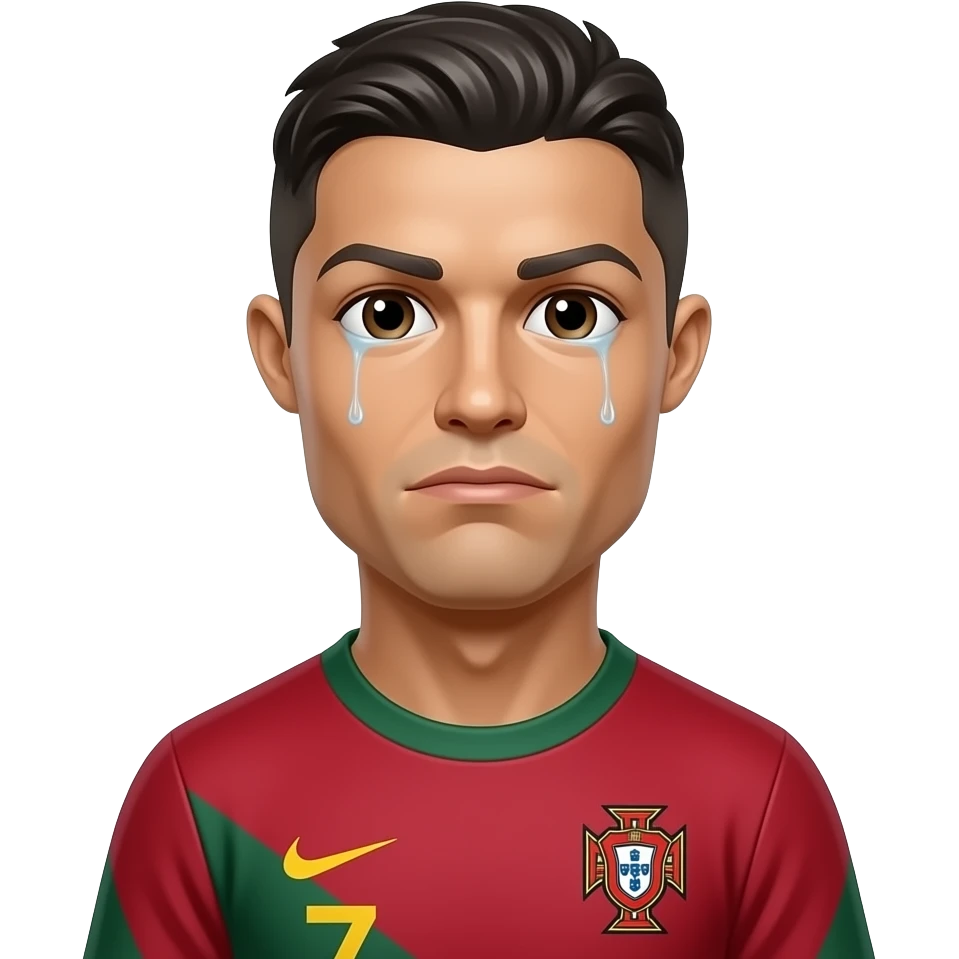 Cute man Cristiano Ronaldo, Portugal jersey, crying with tears, sad eyes, glossy 3D emoji sticker, white outline, transparent background, ultra detailed. emoji