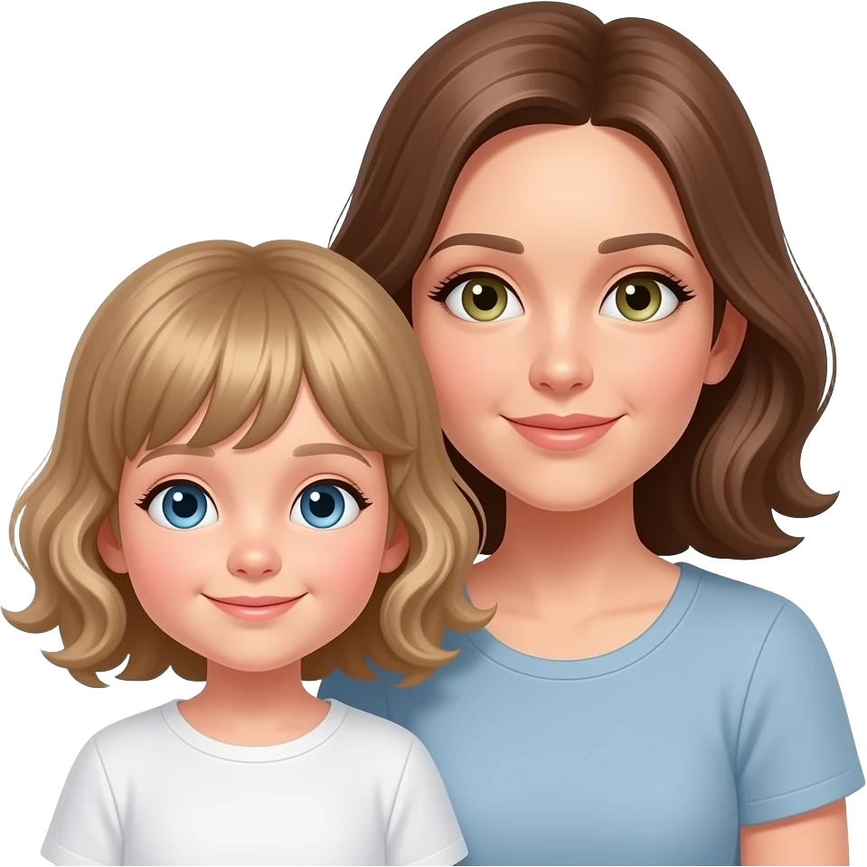 white kid blue eyes mid length hair to shoulders with bangs soft curly hair to shoulders in color: middle to little darker blond. With her mother, a mother white with hazel green eyes and level 7 hair. having quality time together. loving emoji