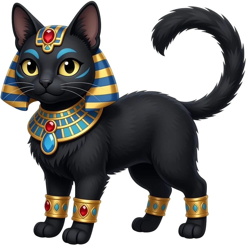 Realistic furry fuzzy Black godly overpowered ethereal majestic oriental ancient Lykoi-Caracal-Cat-Fakemon. With gold bangles, red rubies, Egyptian blue eye corner markings makeup, long thin tufted tail emoji