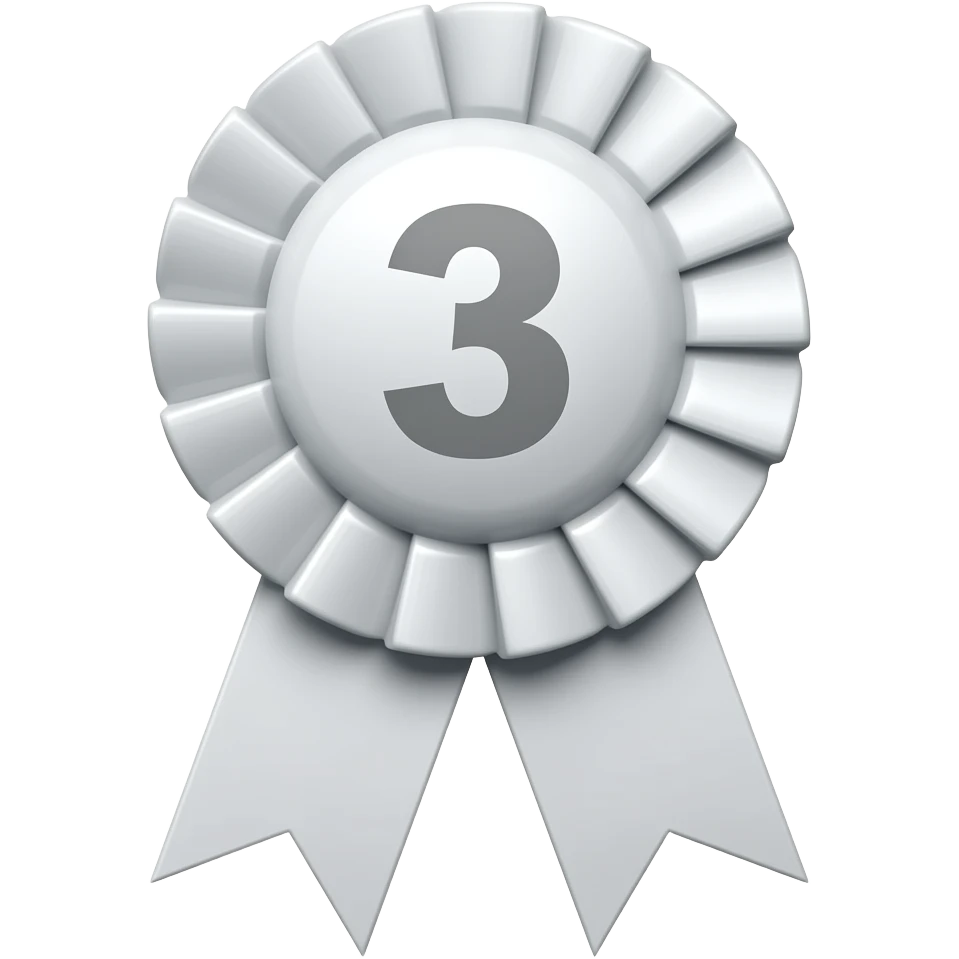 a third place ribbon that is white with smaller round top with a 3rd in the middle of the round top emoji