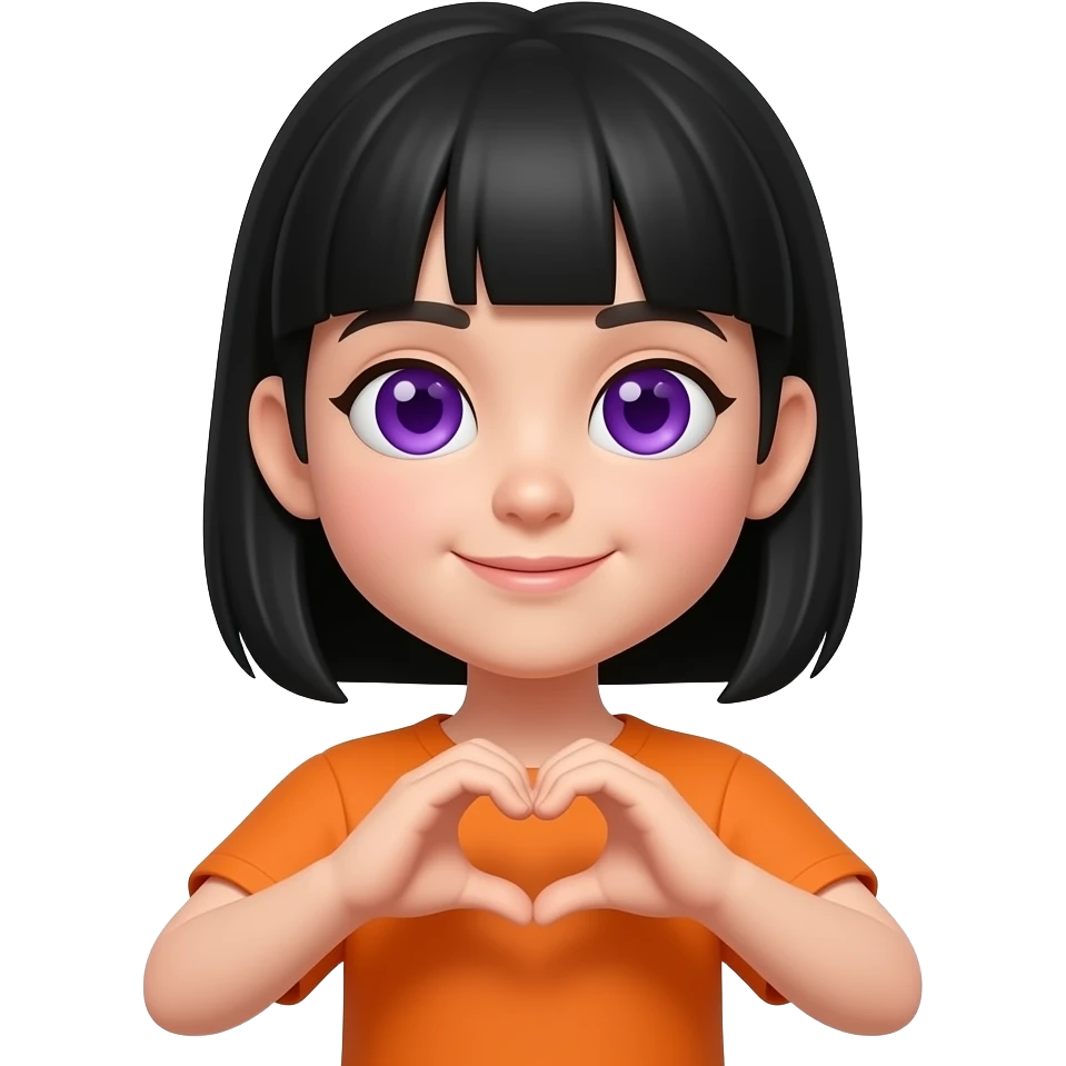 انشئ ايمجي لفتاة شعرها اسود وملابسها ارجوانية وعينيها قلوب بنفسجية  تصنع قلب بيديها emoji