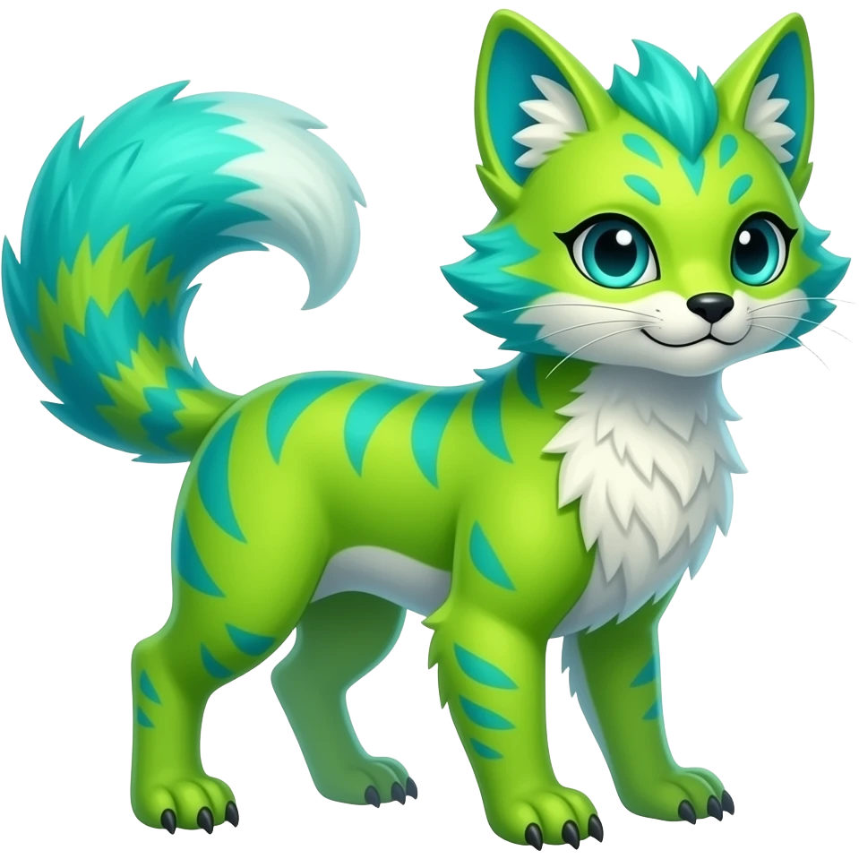 Feral Rare Fantasy vibrant tropical exotic neon-lime green and cyan Vernid-Trico-species-creature by LiLaiRa, random markings, tufted tail, tufted ears, full body emoji