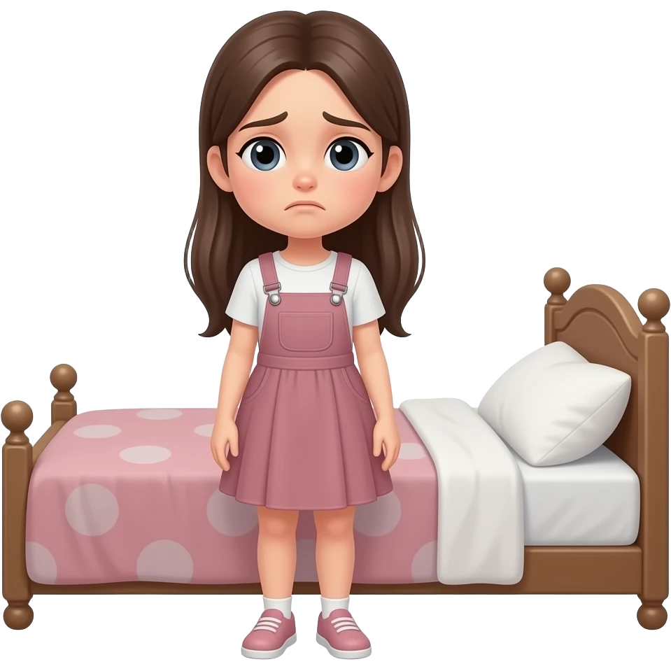 teen girl long hair, standing next to her bed worried emoji