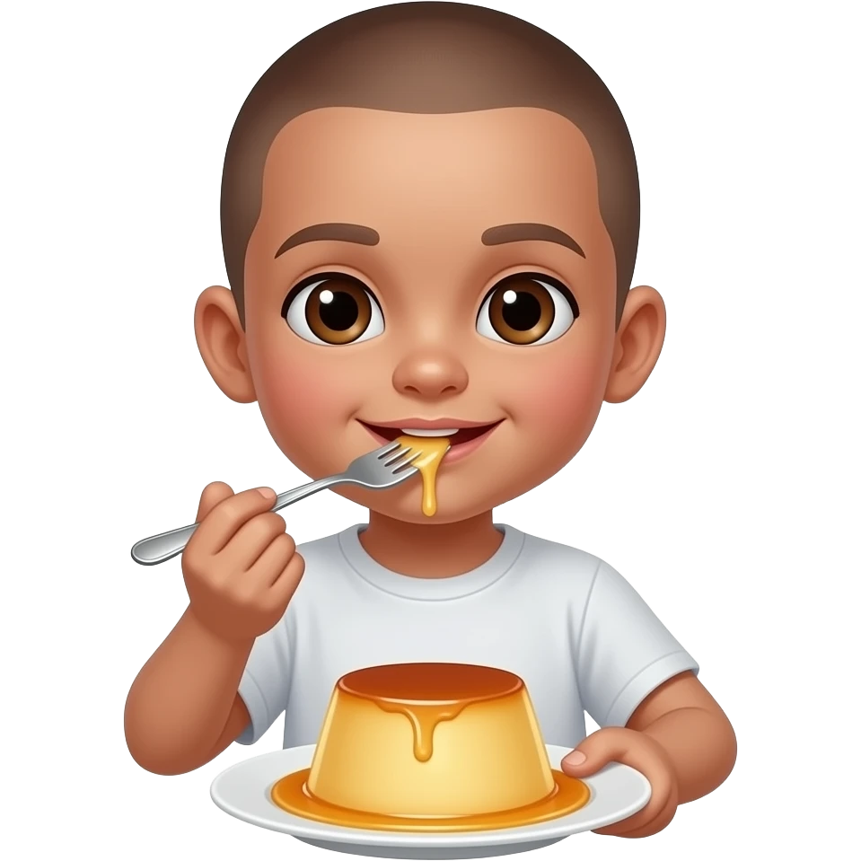 Boy with shaved head and brown eyes eating flan with a fork emoji