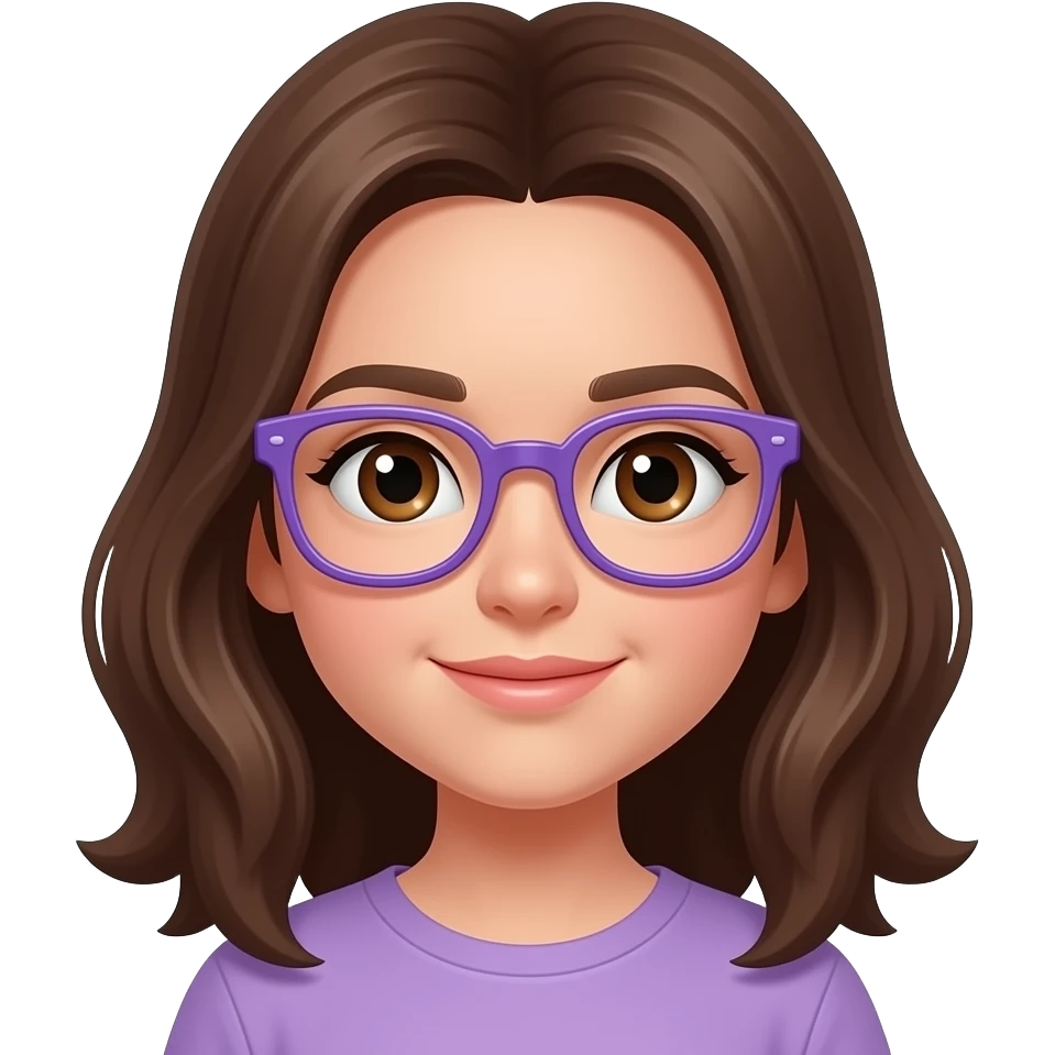 a teen girl with brown hair brown eyes and purple-bluish glasses emoji