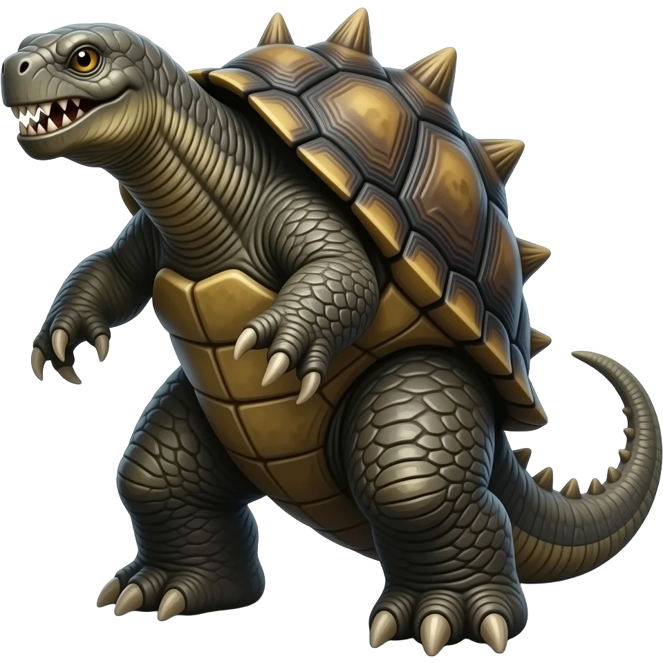 Enormous prehistoric turtle with Rough, spiked shell, Elephant-like legs with claws, Beaked mouth, Ability to retract limbs into its shell, with glowing eyes and tusk-like fangs, kaiju, stands on hind legs, giant tusk-like fangs emoji