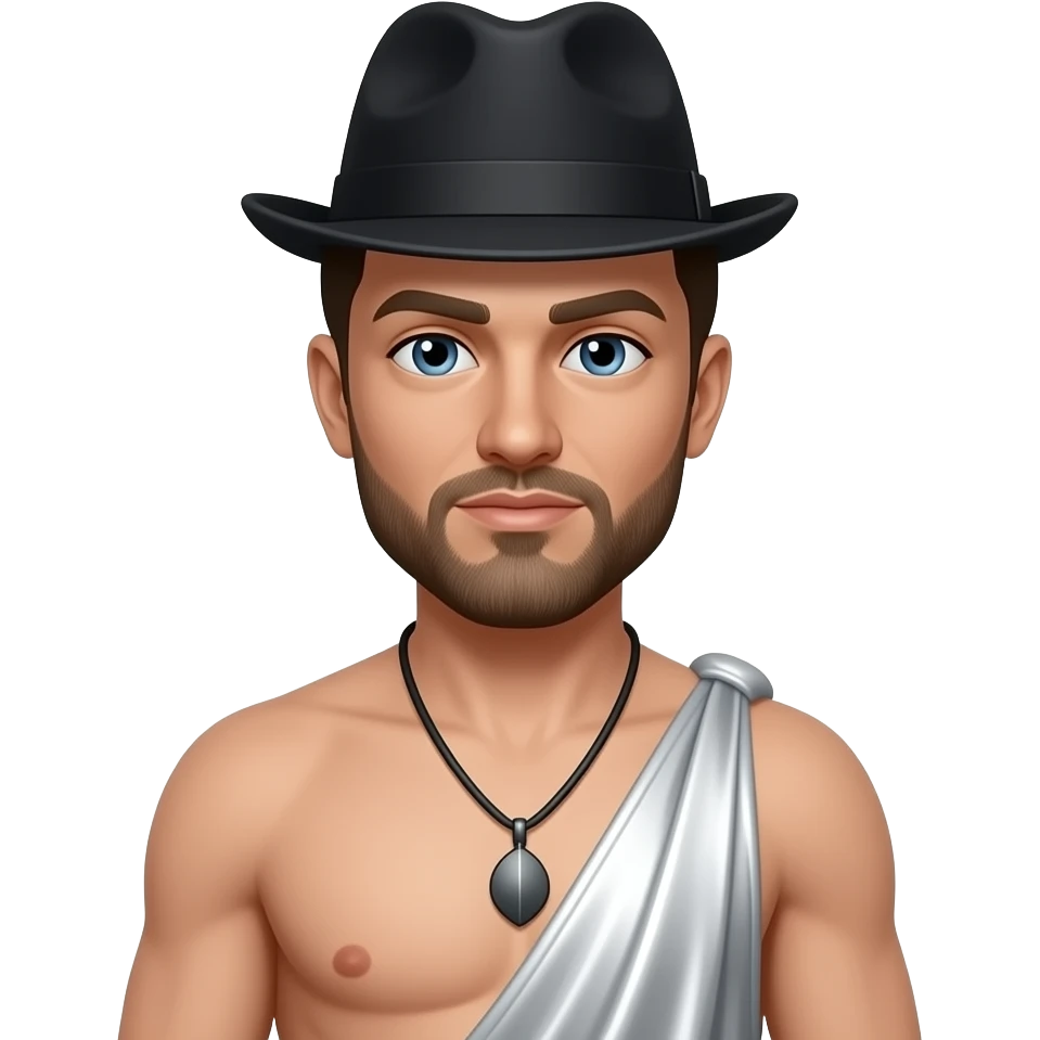 Michael Colyar from behind with black hat, white metallic loincloth, shirtless with necklace emoji