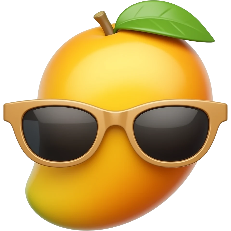 A stylish futuristic sunglasses shaped like a mango 🥭, glossy yellow-orange frame with smooth curves, black shiny lenses, trendy fashion accessory, ultra detailed, HDR lighting, realistic reflections, clean background, modern aesthetic, high quality 3D render, vibrant colors, cool streetwear vibe” emoji