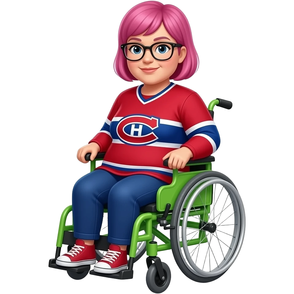 fat woman with short pink hair and eye glasses canadiens jersey lime green electric wheelchair emoji
