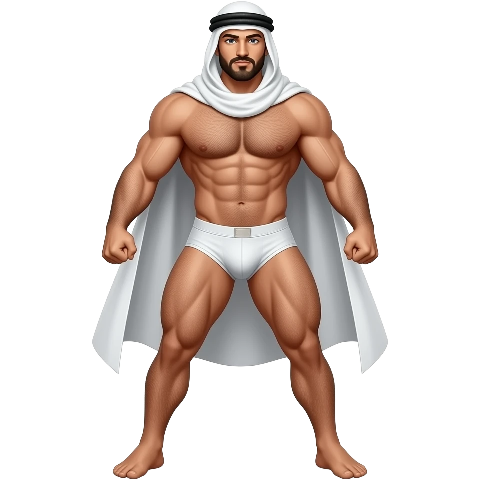 full body arabic-theme male superhero clothless figure with body hair and only white cape and ghutra and muscular hairy build in thin, narrow underwear with bulge emoji