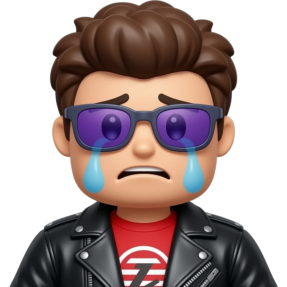 Crying Roblox boy avatar emoji, brown hair, purple sunglasses, black leather jacket, red shirt with... logo emoji