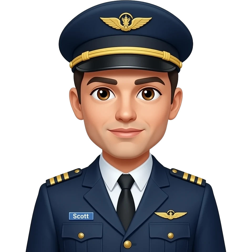Pilot w jacket Black hair white skin brown eyes with hat and badge name “Scott” emoji