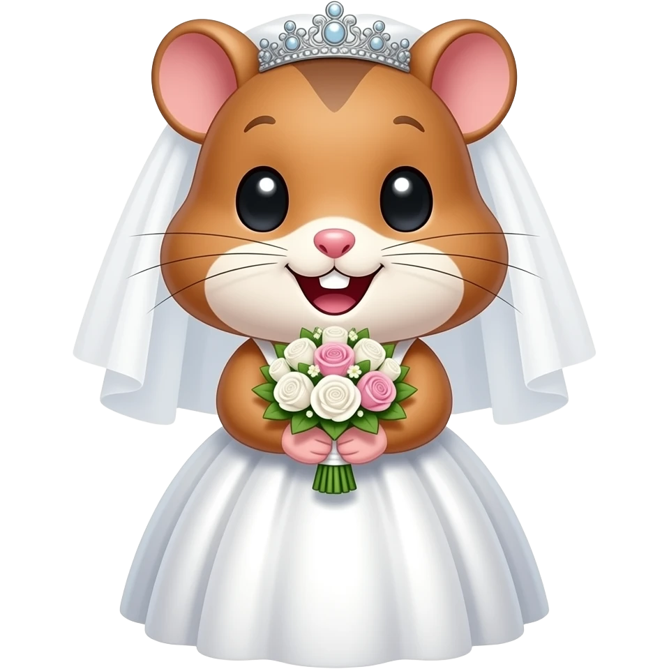 부케를 들고 활짝 웃는 귀엽고 예쁘고 깜찍한 갈색 햄스터 신부. emoji