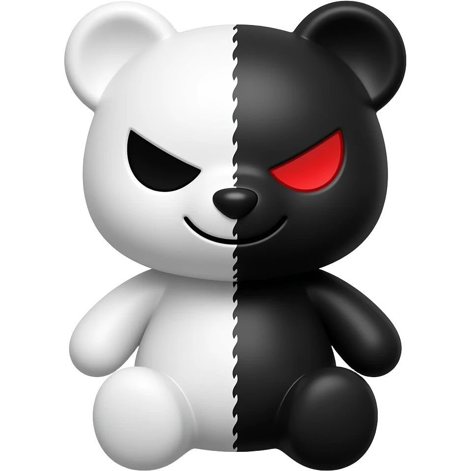 Um Ursinho de pelúcia que tem vida com metade branco é preto branco é normal mas o preto tem um sorriso maligno é olho do formato de / vermelho o nome dele é monokuma emoji