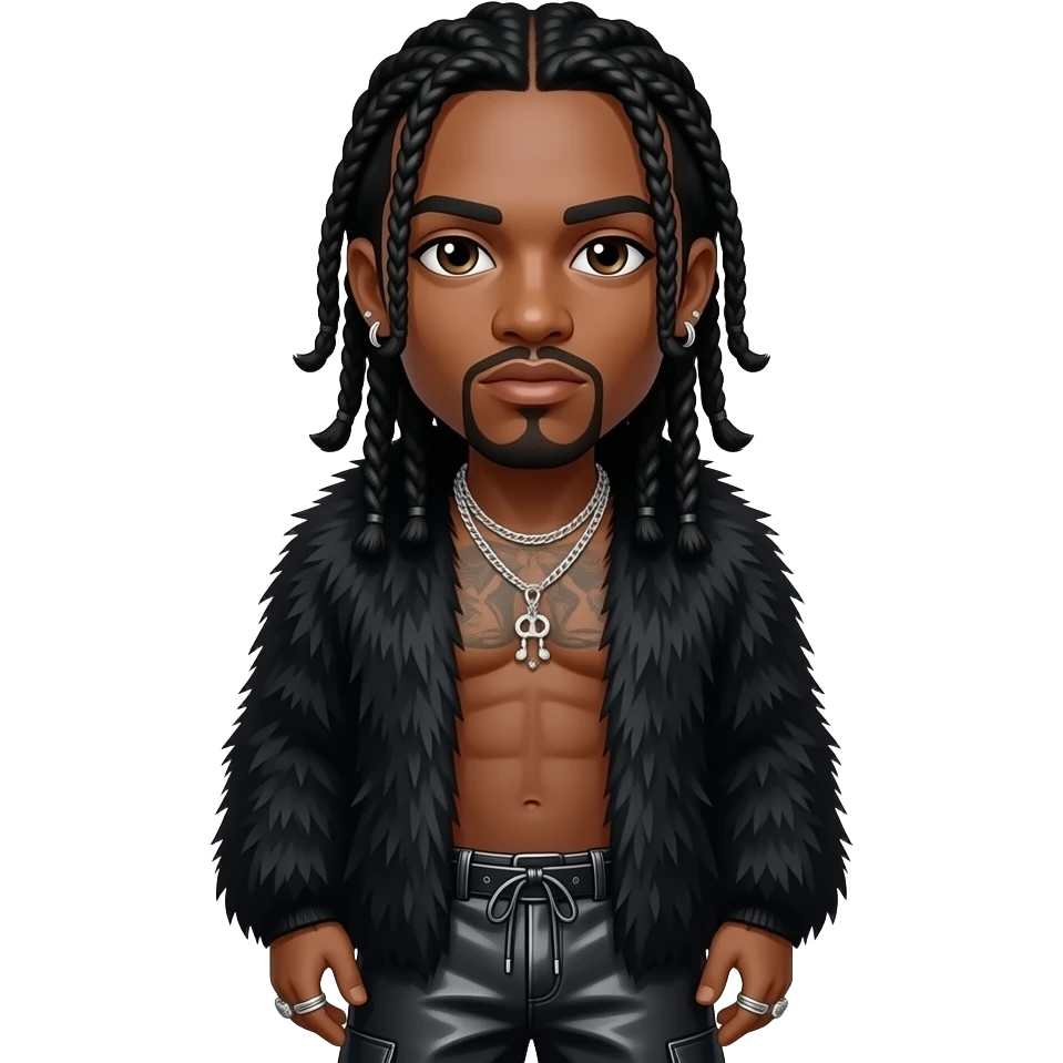 Bizzy Bone from Bone Thugs-N-Harmony with brown eyes, long black hair, black fur shawl, black metallic baggy pants, shirtless with necklace and earrings emoji