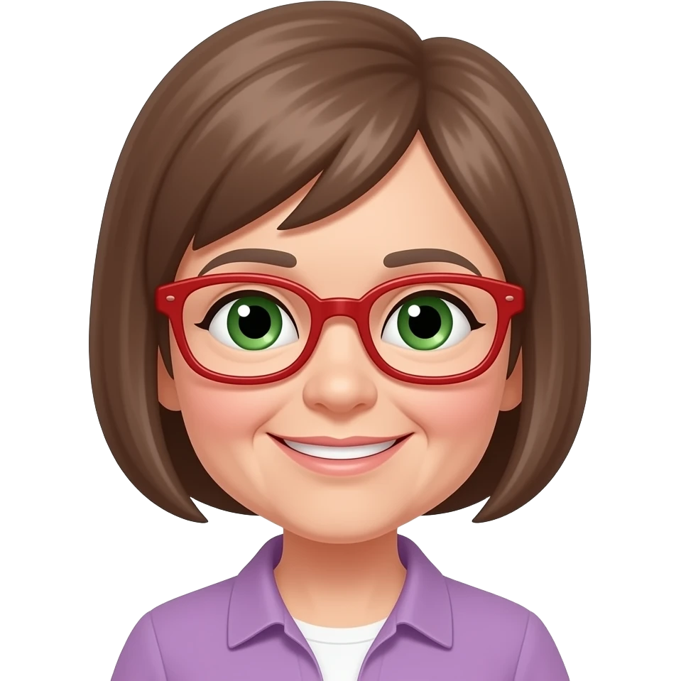 grandma with green eyes and red glasses short brown hair emoji