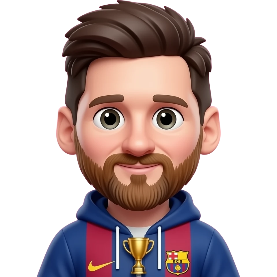 Create a 3D chibi Messi emoji sticker, glossy cartoon style, pink background, consistent Messi hairstyle and beard, no text, one tiny golden trophy hidden near the hoodie zipper, difficult to notice, clean mobile-game aesthetic emoji