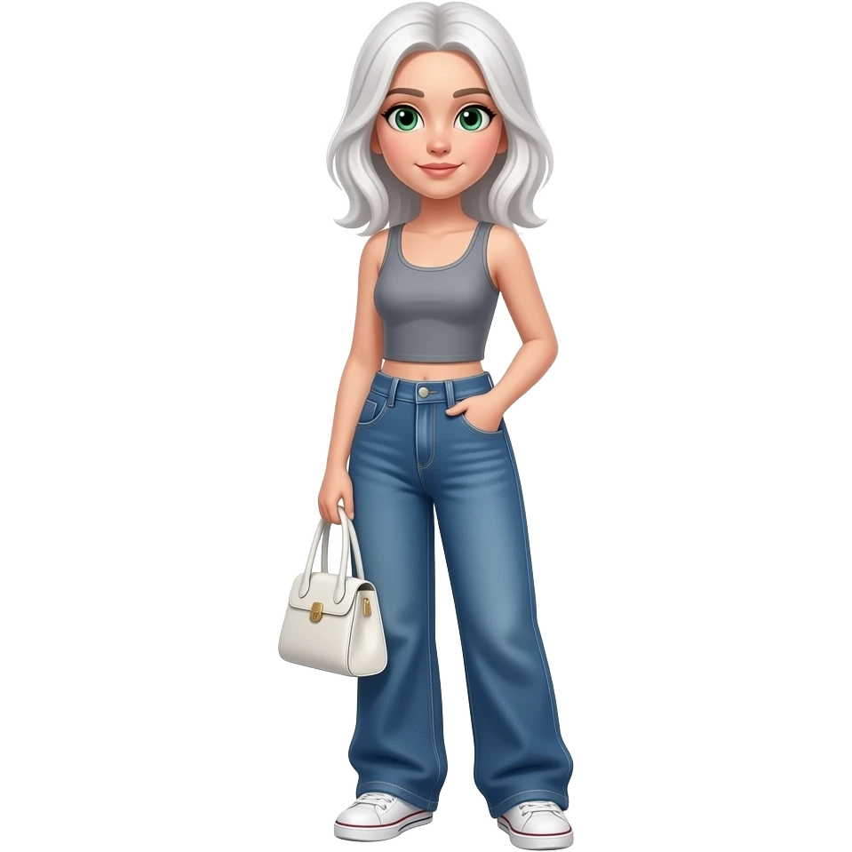 Blonffille aux cheveux blanc avec un jean large bleu et un débardeur gris un sac à main blanc des yeux verts gris emoji