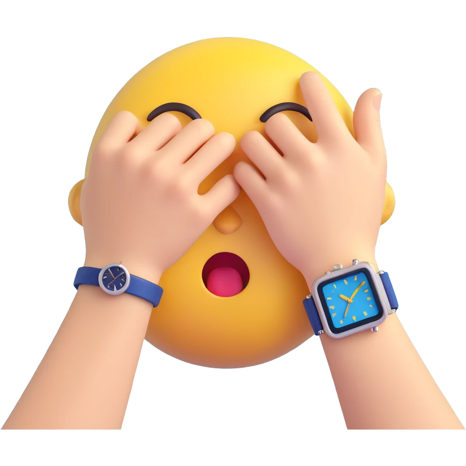 A yellow emoji face with a worried expression, looking at a wristwatch with raised eyebrows, showing urgency and stress emoji