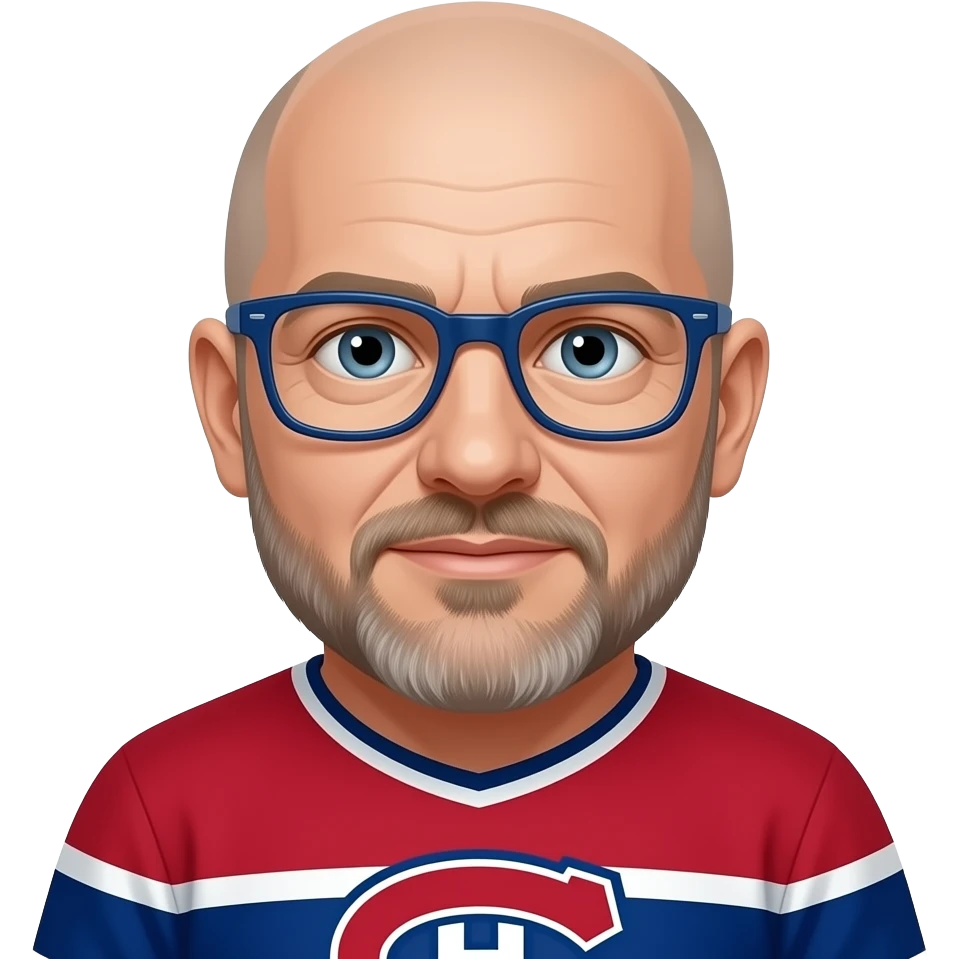 Homme, yeux bleu gris, chauve, barbe en ancre, lunettes bleu marine, 50 ans, Canadiens de Montréal emoji