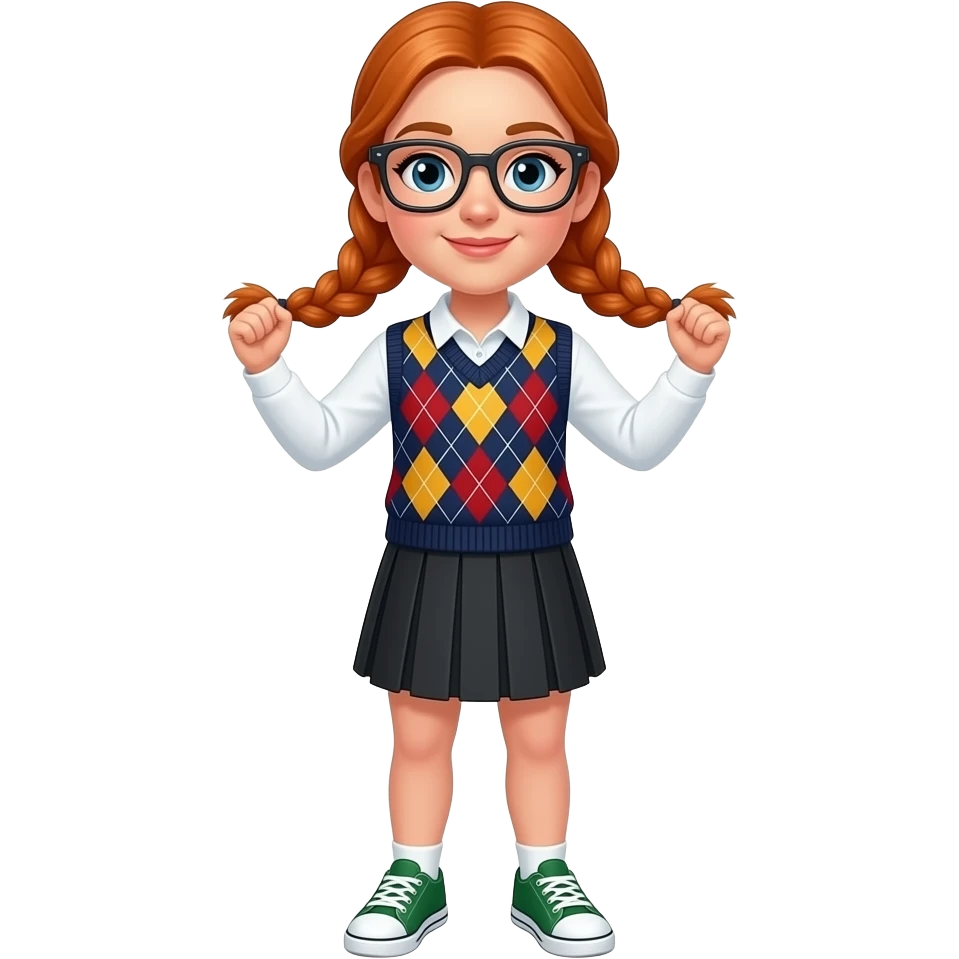 White woman orange braided pigtails rectangle glasses white long sleeved polo argyle dark blue red and yellow vest black skirt white and green sneakers lifting her shirt emoji