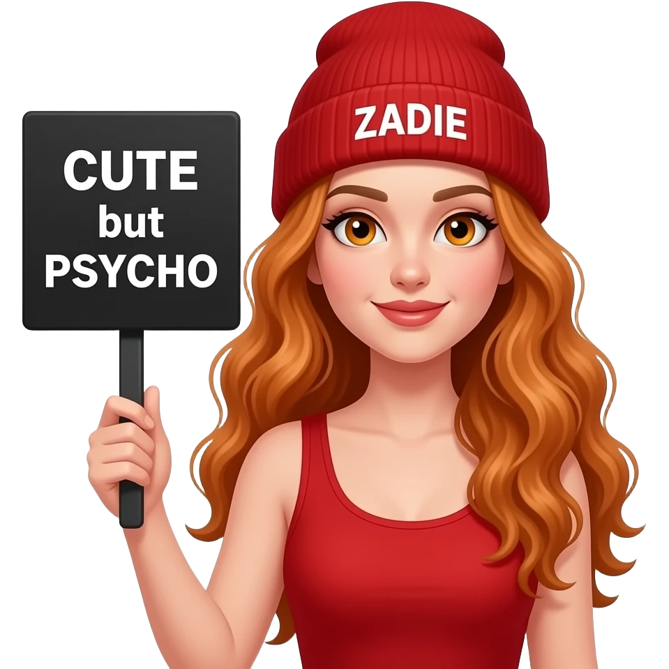 sexy girl with overlong wavy ginger hair and ginger eyes wearing a red tanktop and a red beanie with ZADIE written on it, is holding a black sign with CUTE but PSYCHO written on it emoji