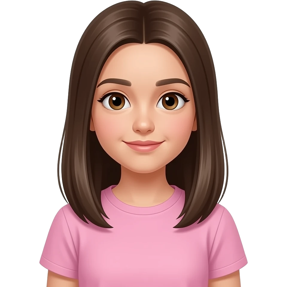 Ragazza di 11 anni con capelli sciolti lisci ha gli occhi marroni e ha maglietta rosa pastello emoji