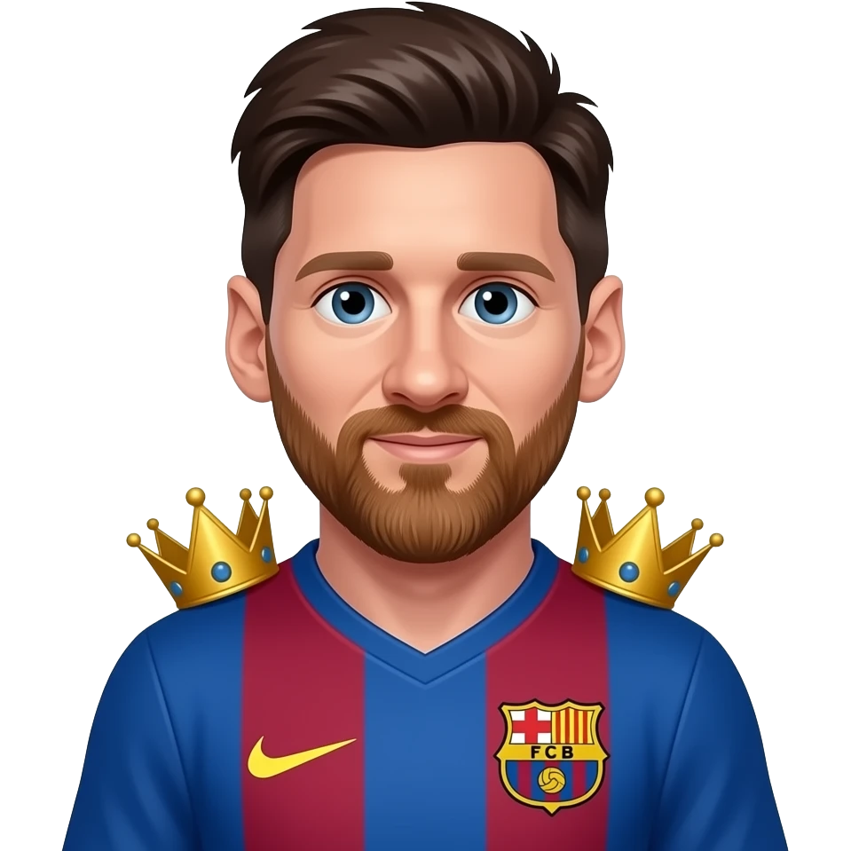 Messi emoji avatar, Barcelona jersey, cute cartoon style. Two tiny identical golden king crowns placed near the collar area of the jersey. emoji