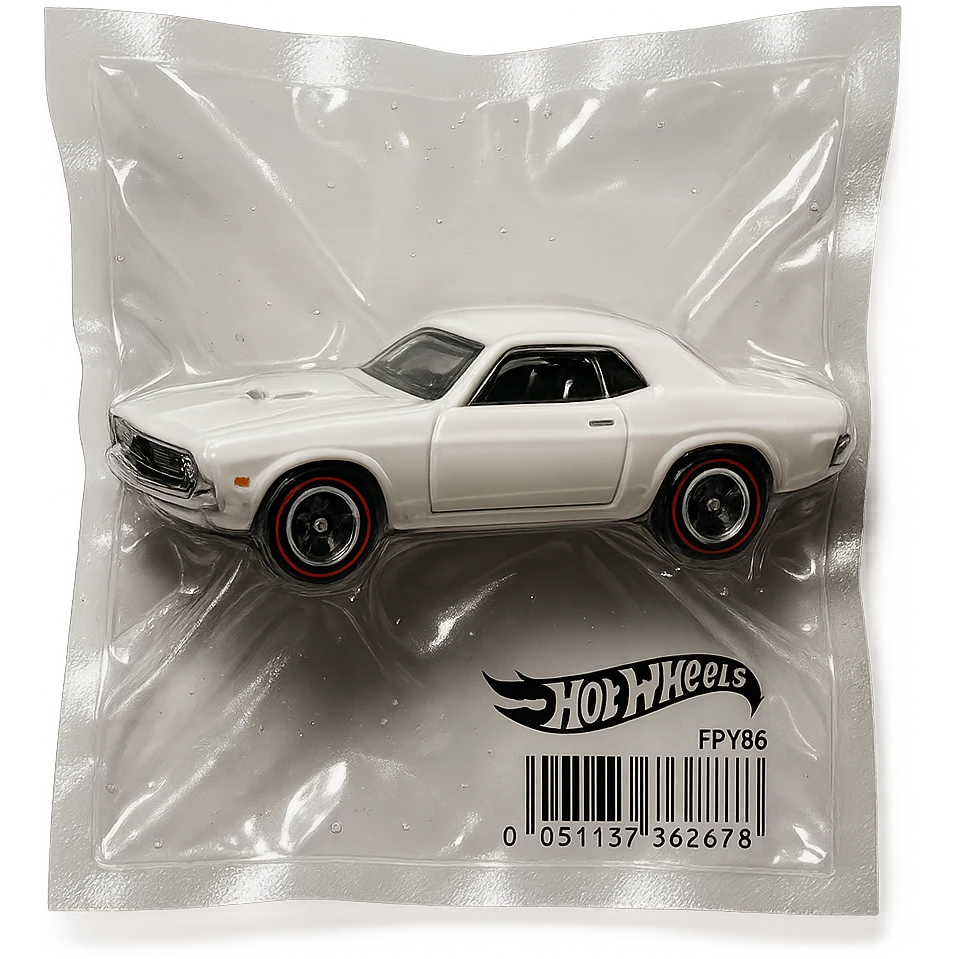 white 1971 Dodge Challenger Hot Wheels toy car, shiny and inflated, inspired by the movie 'Death Proof' emoji