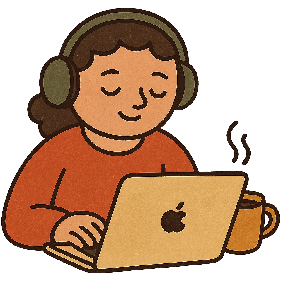 a person using a MacBook, wearing headphones, coffee cup beside, flat style, soft colors, no background emoji