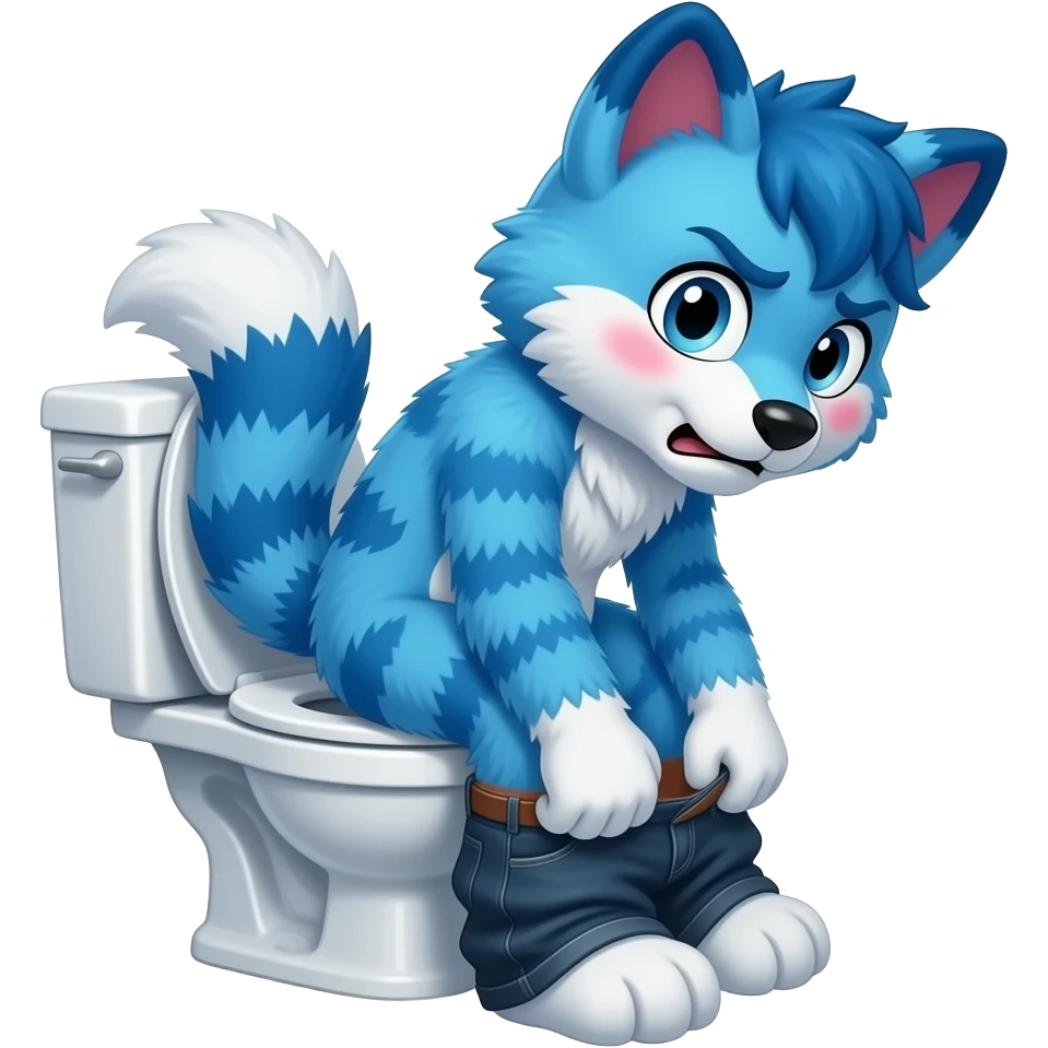 blue fursuit sitting on toilet, side view, pants down, straining face, blushing face, pain, pushing, both fits, discomfort, grunting emoji