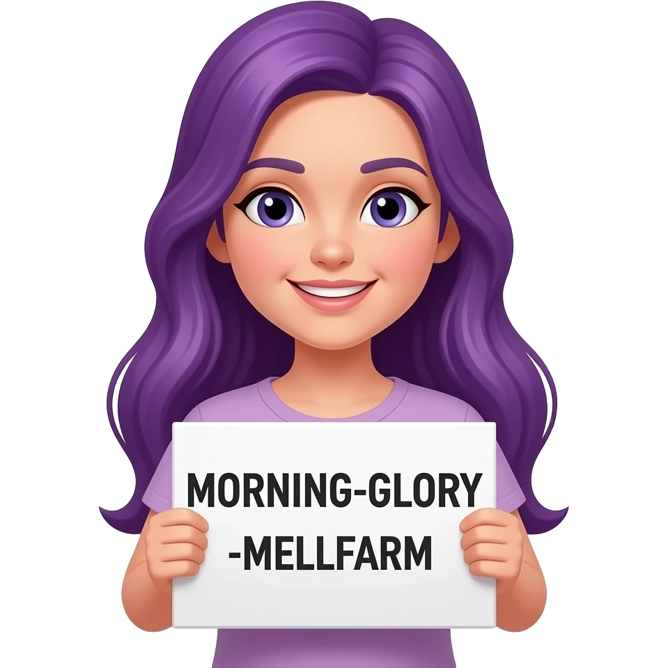 girl with long purple hair with a MORNING-GLORY-MELKFARM sign emoji