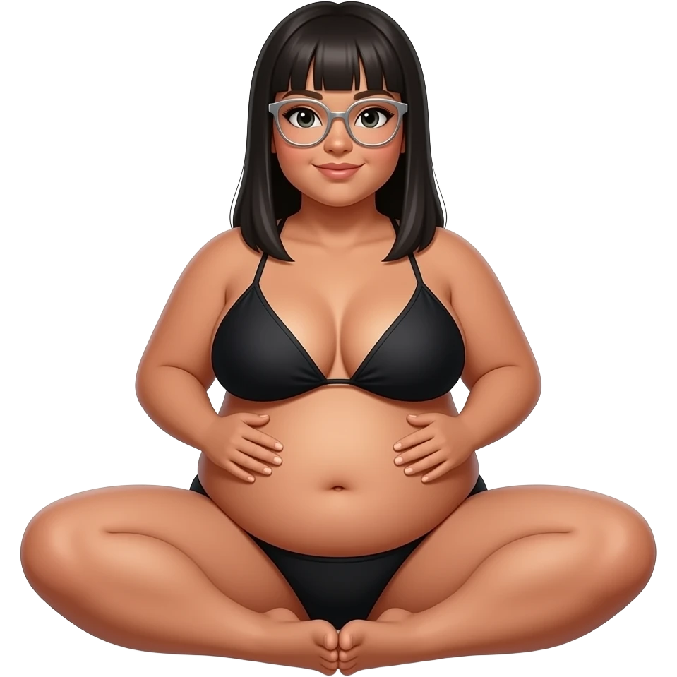 chubby tanned woman with long stright black hair, silver  thin framed glasses, black bikini, with 2 belly rolls on each side of torsositting with legs spread knees up emoji