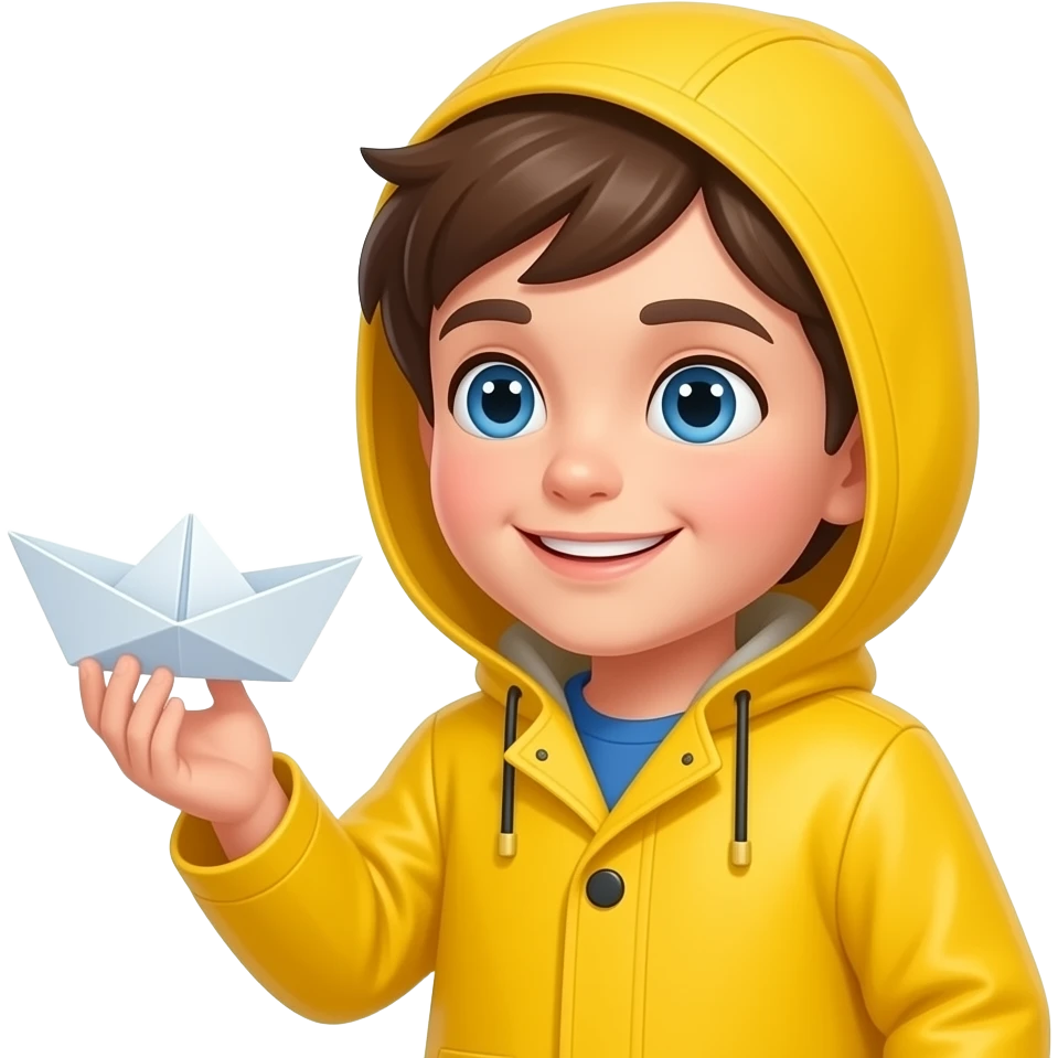 Georgie wearing his yellow raincoat holding his paper boat emoji