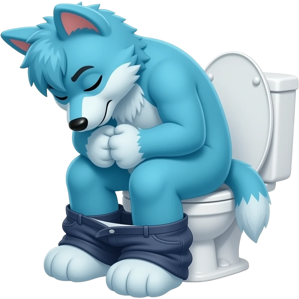 blue fursuit sitting on toilet, side view, pants down,  straining, , eyes close, squeezing emoji