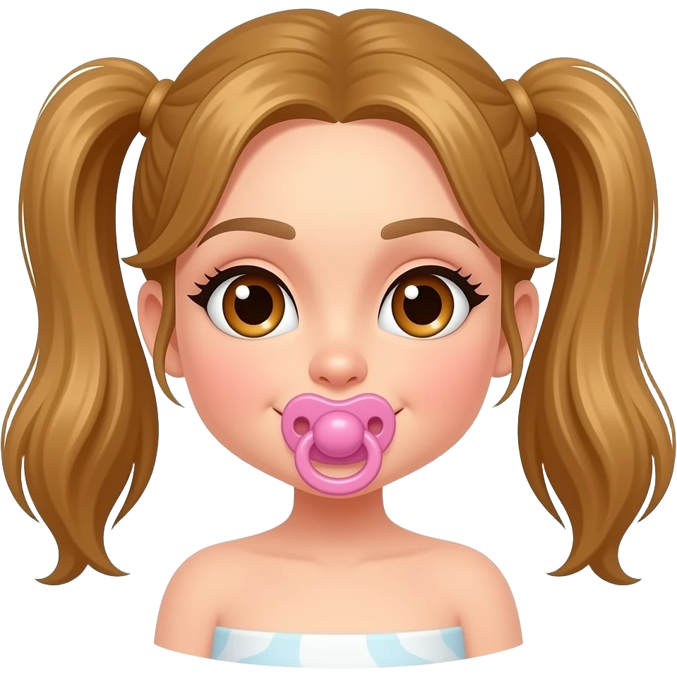 a woman with hazel eyes and honey hair in pigtails, pink pacifier, diaper emoji