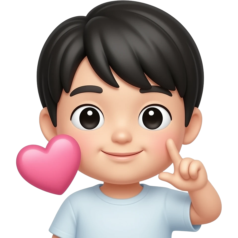 Blowing kiss Cute Korean boy emoji, soft black straight bangs, pale skin, small lips, gentle round eyes, subtle mole under right eye, sending a pink heart pose near the face with one hand, glossy 3D Pixar-style render, realistic Korean idol vibe, face and hand only emoji