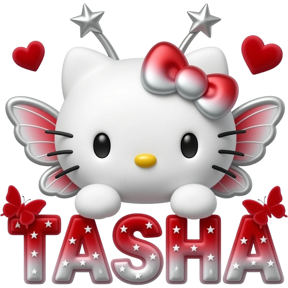 White velvety fur 3D hello kitty head, silver red white ombre 3D bow ...