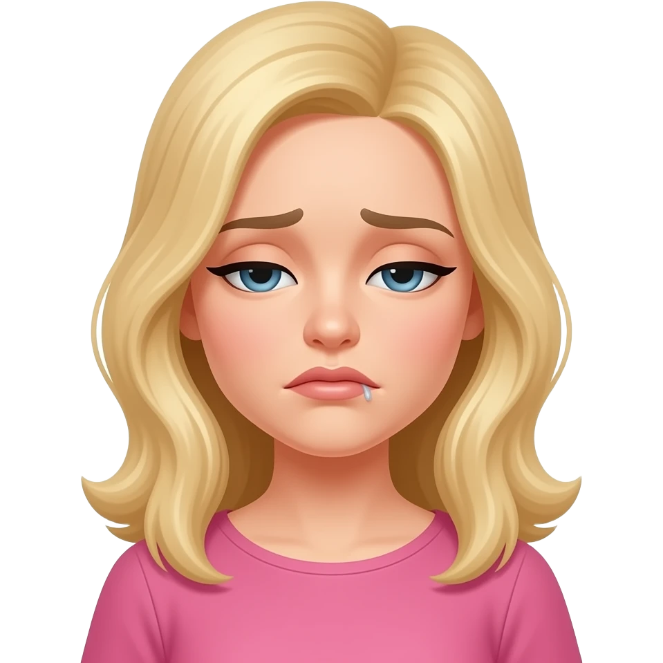 Sad blonde woman in a pink top: A stylized character avatar featuring blonde hair and a pink top, conveying melancholy through a sorrowful expression, downcast eyes, and slightly downturned lips. The aesthetic is clean, minimalist, and expressive. emoji
