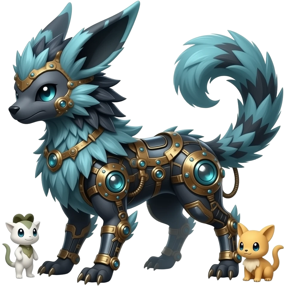 feathery fuzzy shiny glossy smooth finned frilled spunky gothic Realistic tall slim unique original shiny edgy cool steampunk-cyberpunk-solarpunk-fantasy-Absol-Sprigatito-Vaporeon-Manectric-Mudkip-Fakémon-hybrid emoji