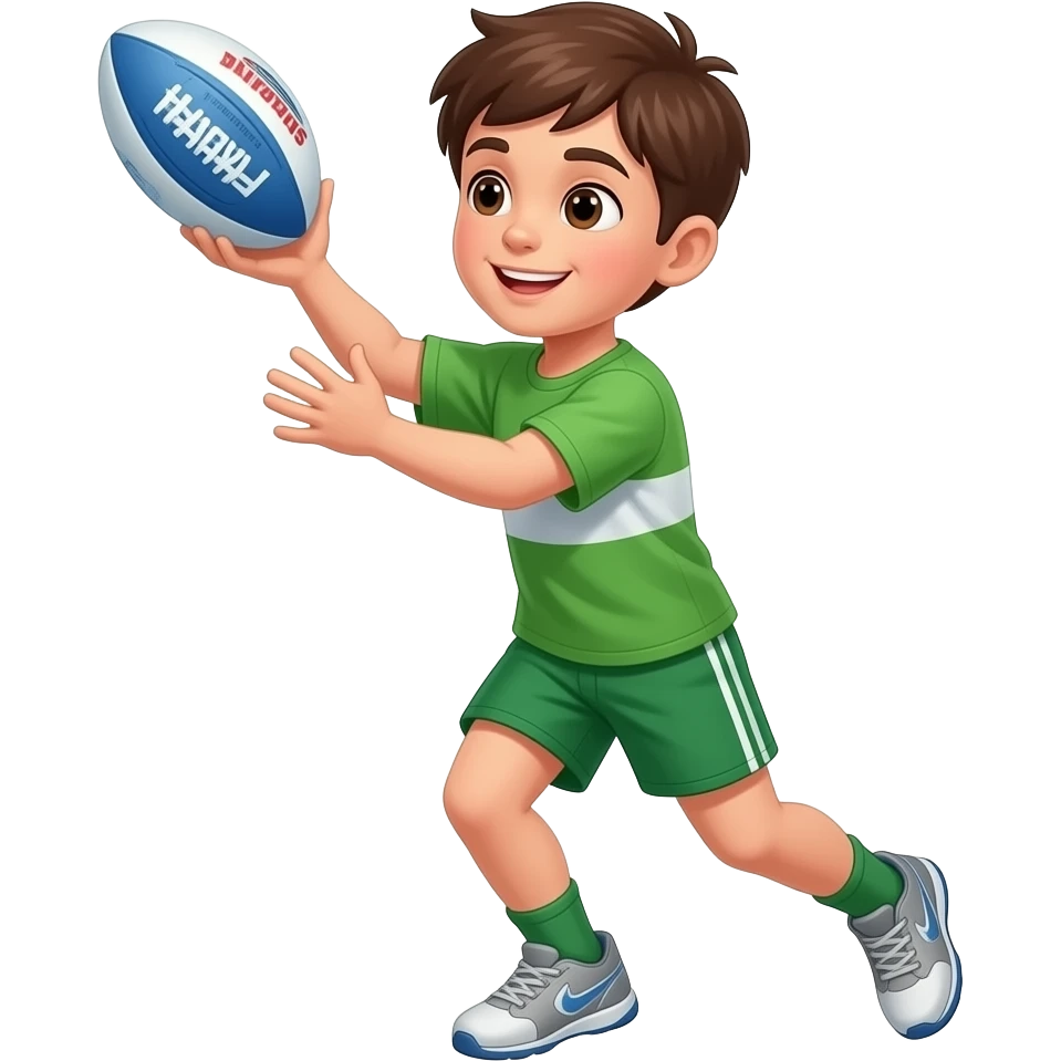 young boy wearing a green top and shorts, catching a sherrin football emoji